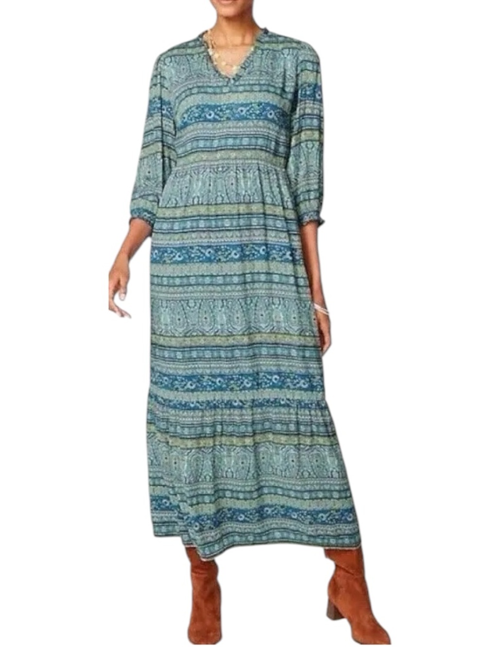 J. Jill Boho Maxi Dress Paisley Elbow Sleeve Teal Blue Green Large